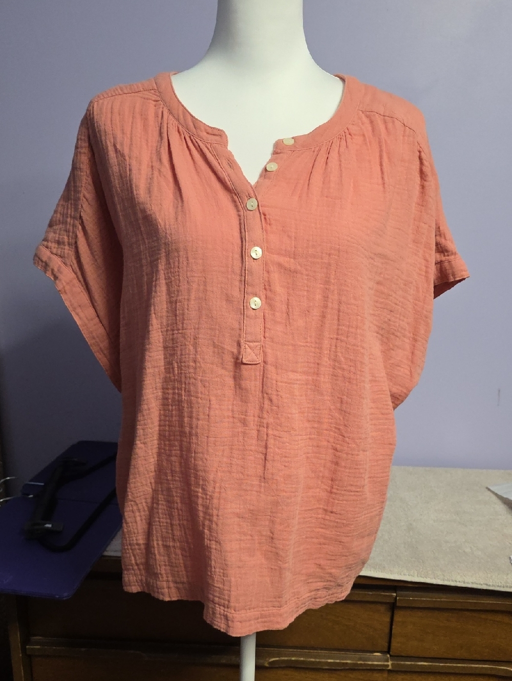 a.n.a Coral Button Henley Short-Sleeve Blouse